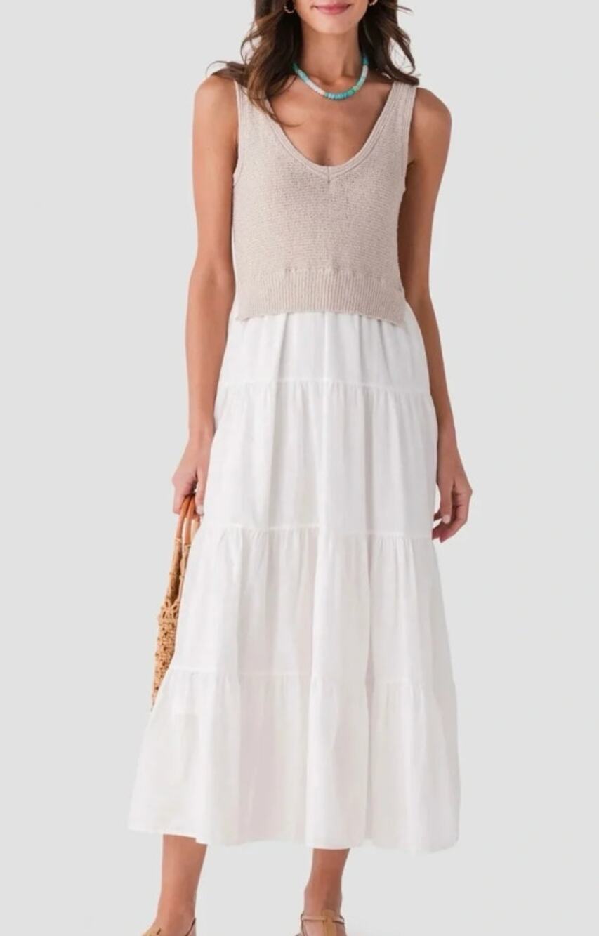 Elan Twofer Mixed Media Sleeveless Poplin Midi Dress Tan White Small